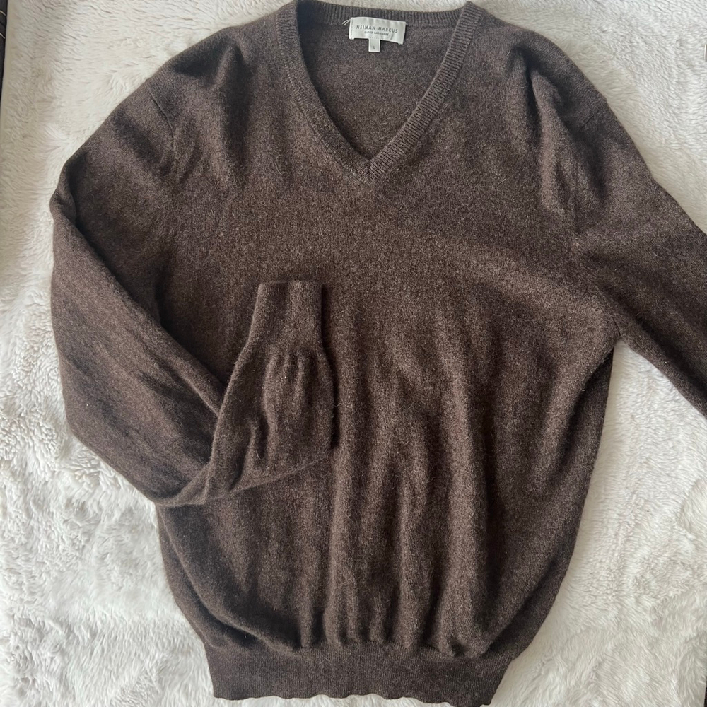 Women's Neiman Marcus Brown 100% Cashmere V-Neck Sweater Size L